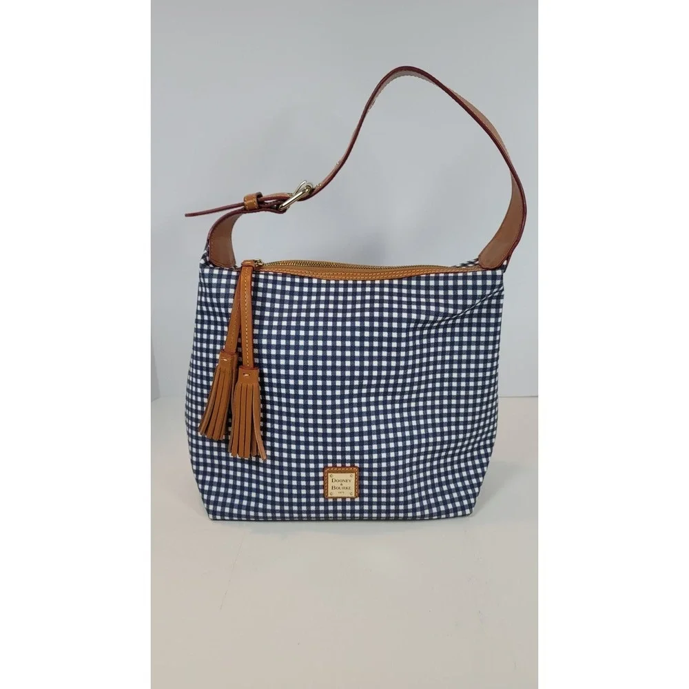 Dooney & Bourke Coated Blue Gingham Hobo Shoulder Bag Checkered Navy 11x11‎